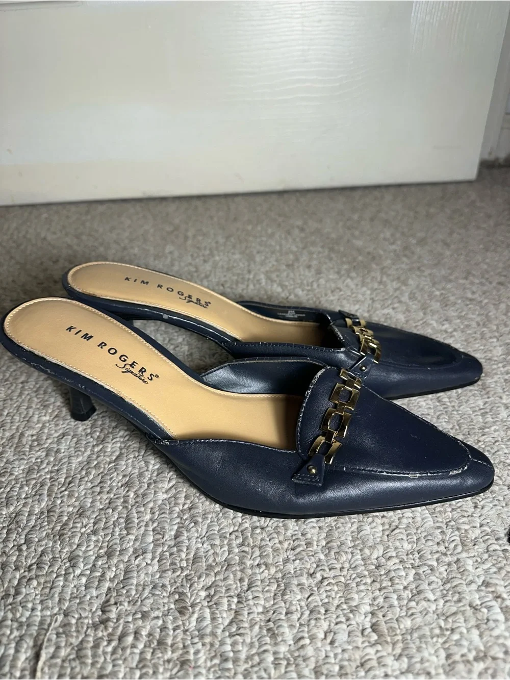Kim Rogers Navy Pointed-Toe Kitten Heel Mules with Gold Chain Accent